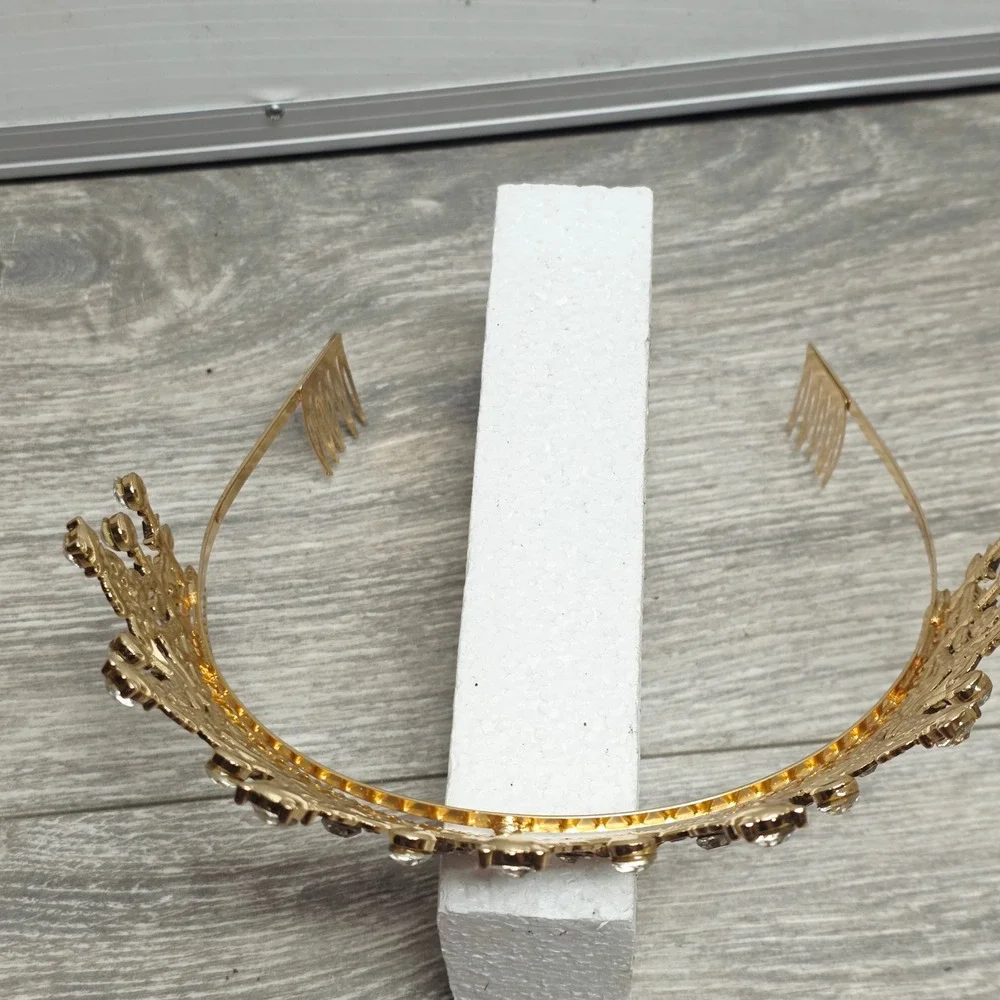 Gold Rhinestone Fleur-de-Lis Tiara Crown Bridal Pageant Wedding Headpiece